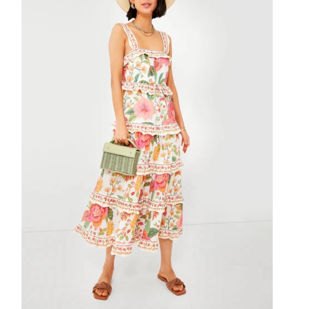 FARM RIO Multicolor White Textured Floral Ruffle Dress Macaw Bloom Midi Dress